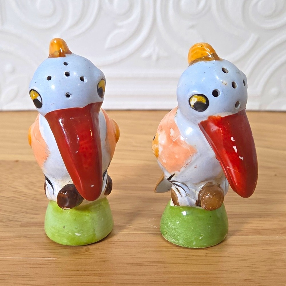 Vintage Japan Bird Salt & Pepper Shakers Set, Hand-Painted Glossy Ceramic